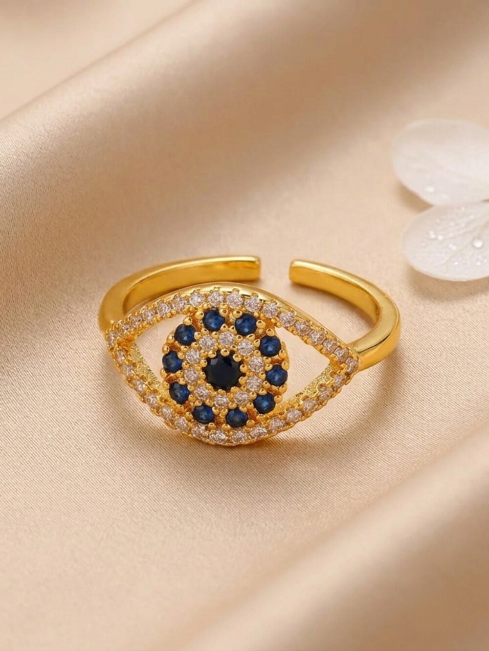 Gold Evil Eye Adjustable Open Ring